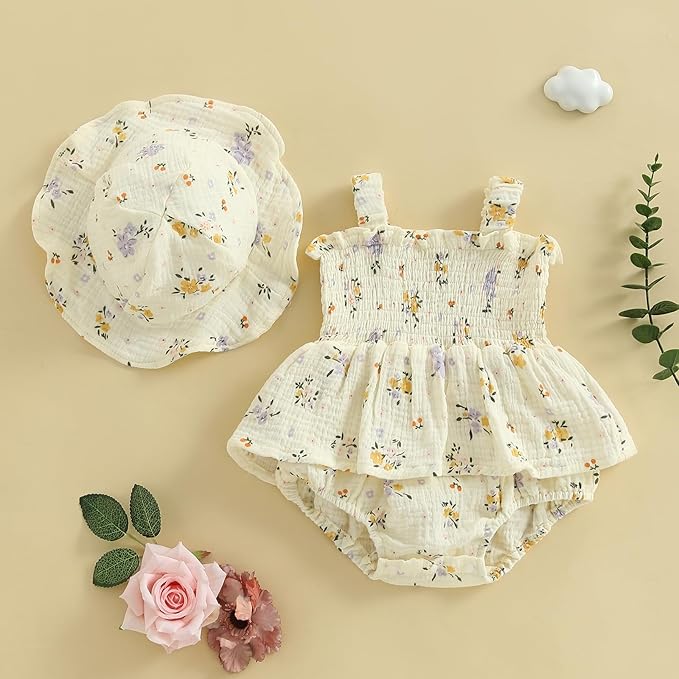 Mubineo Baby Girl Clothes Summer Dress Cotton Linen Romper Sleeveless Smocked Rompers Sun Dress Hat Skirt Boho Outfits