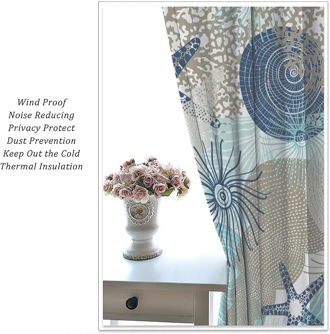 Coastal Curtains Ocean Beach Themed Room Darkening Window Curtain Nautical Coral Decor Curtain for Bedroom Living Room Bathroom Nursery Set 2 Panels,42x45 Inches