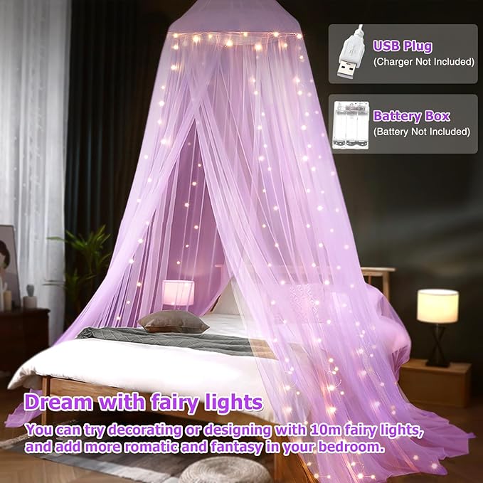 Bed Canopy with Lights, Bed Canopy for Girls Princess with Luminous Stars, Canopy Bed Curtains for Twin to King Size Bed, Baby Kids Adult Indoor Decor Bedroom Reading Nook Outdoor Camping,Purple