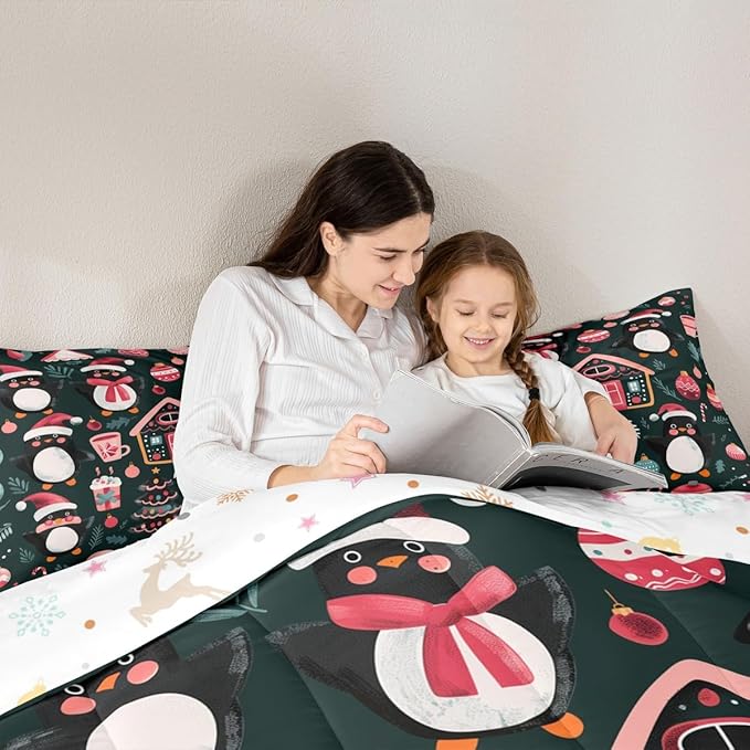Feelyou Christmas Kids Comforter Set King Size Xmas Tree Ball Bedding Set Penguin Duvet Quilt for Kids Boys Girls Bedroom Gingerbread Houses Decor Microfiber Ultra Soft Breathable