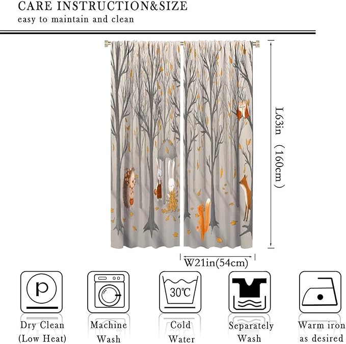 Kids Woodland Animal Window Curtains, Autumn Forest Hedgehog Rabbits Squirrel Fox Birds Blackout Rod Pocket Treatments Drapes for Boys Girls Bedroom 42x63in
