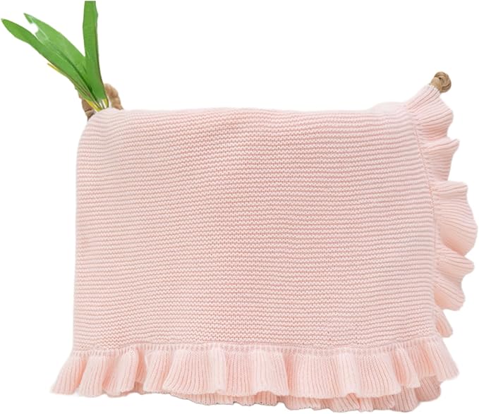 Cotton Baby Blanket with Ruffle Edge Soft Breathable Newborn Blanket for Boys & Girls, Lightweight Knit Throw for Crib, Stroller & Nursery Multiple Colors Available Pink 30x30