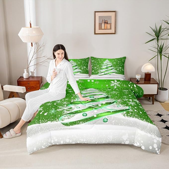 Feelyou Merry Christmas Comforter Set All Season Christmas Tree Bedding Set with 1 Pillow Cases Snowflake Microfiber Kids Toddler Bedclothes Winter Bedroom Decor Duvet Quilt Breathable Soft