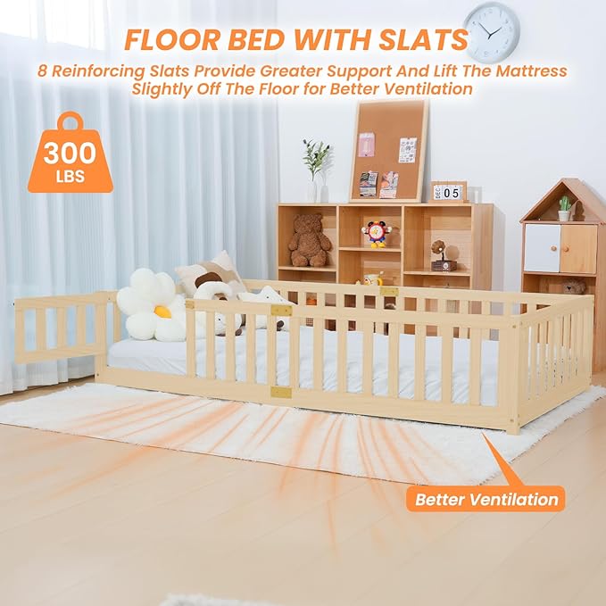 NAIZEA Twin Floor Bed for Kids-Twin Montessori Bed Frame with Wood Slats and Door and Slats, Wood Toddler Floor Beds for Girls and Boys, Natural