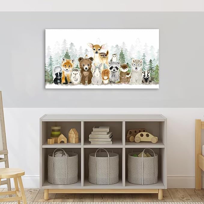 Woodland Animal Nursery Wall Art Watercolor Forest Baby Animal Nursery Wall Decor Printing Framed Fox Bear Deer Watercolor Poster Paintings Pictures for Boys Room Girls Room Home Decoration 8x16in