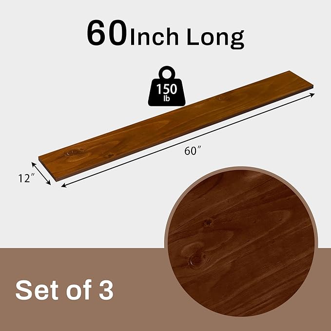 12x60 Inch Rustic Wood Floating Shelves 3-Pack - Farmhouse Walnut Wall Shelves with 100 lbs Capacity, Easy Installation for Living Room, Kitchen, Bathroom (Walnut, 3T60IN)