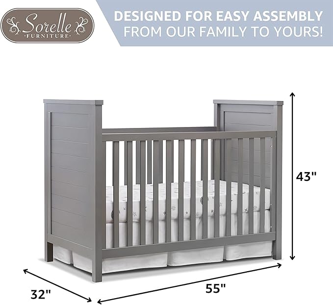 Sorelle Furniture Farmhouse Classic Crib 3-in-1 Convertible Crib, Made of Solid Pine Wood Non-Toxic Finish, Wooden Baby Bed, Toddler Bed and Child’s Daybed, Nursery Furniture-Weathered Gray