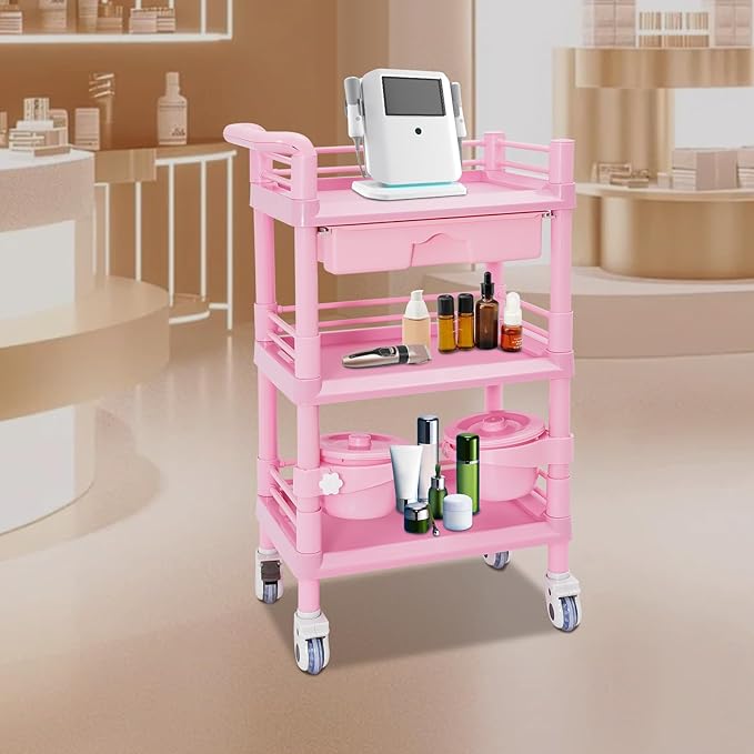 Medical Mobile Trolley Cart with 1 Drawers & 2 Trash Cans, 3 Tiers Portable Beauty Salon Rolling Trolley on Wheels, Medical Mobile Trolley Cart for Hospital Clinic Home, Pink