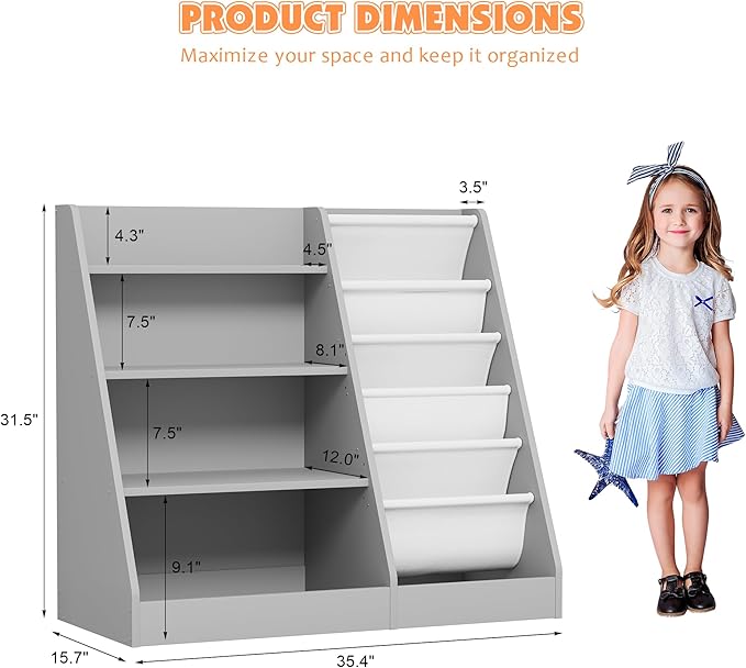 NACHES Montessori Kid Bookshelf Toddler Bookcase Cabinet Children Book Rack Display Toy Storage Organizer 4 Tier 5 Sling Deep Sleeves Classroom Bedroom Nursery Playroom Wood (Grey)