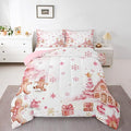 jejeloiu Kids Christmas Theme Comforter Set Queen Size Pink Xmas Gingerbread Man Bedding Set for Boys Girls Teens Candy House Snowflake Winter Happy New Year Duvet Quilt Room Decor