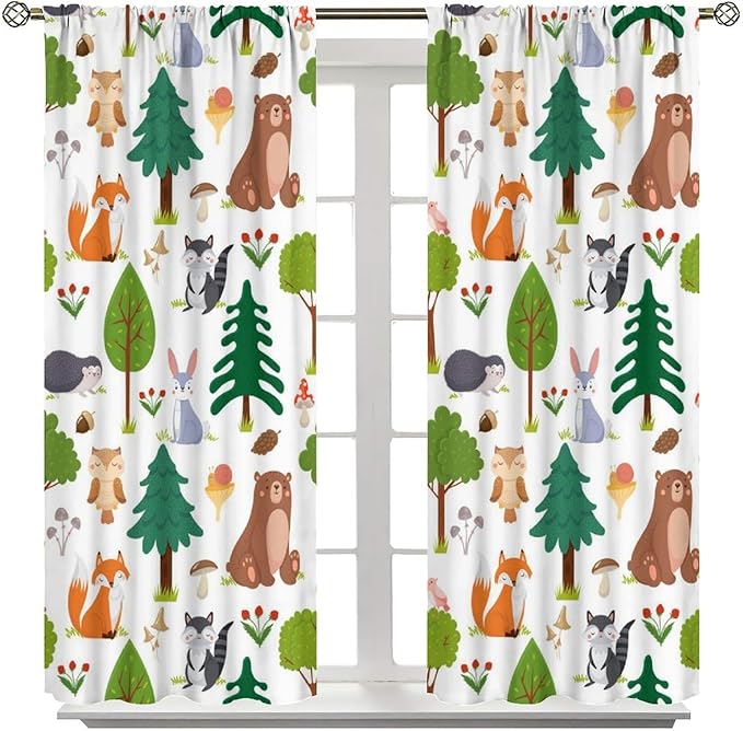 Jungle Animal Curtains, Woodland Animals Forest Pattern Blackout Window Treatments, Rod Pocket Thermal Insulated Drapes 2 Panel Sets for Kids Room Nursery Classroom, 42" W X 45" L
