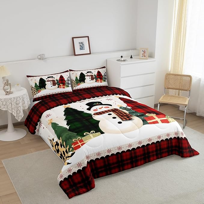 Manfei Snowman Comforter Set King Size, Xmas Leopard Plaid Trees Snowflake Down Comforter with 2 Pillowcases, Christmas Theme Bedding Set 3pcs for Kids Girl Bedroom Decor New Year Duvet Insert