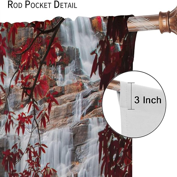 Waterfall Blackout Windows Curtains, Waterfall Red Forest Pattern Nature View Curtains, for Living Room Bedroom 42x63in 2 Panels