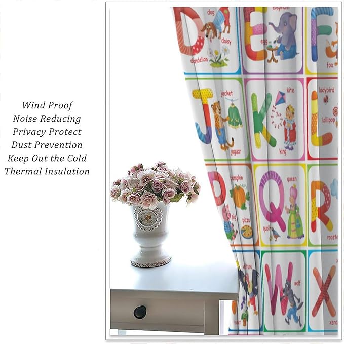 Kids Alphabet Curtains Cartoon Animal Funny Education Learning Curtain with Rod Pocket for Bedroom Nursery Children Toddler Decor Drapes Window Treatments 2 Panels Set 55" W X 63" L