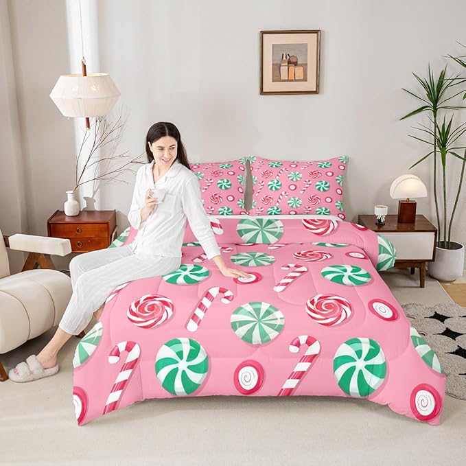 Feelyou Christmas Comforter Set King Size Candy Bedding Set for Kids Boys Girls Xmas Theme Duvet Quilt Bedroom Decor Microfiber 3 Pcs with 2 Pillow Cases