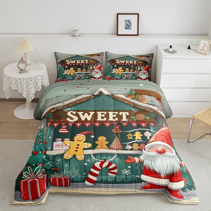 Merry Christmas Kids Comforter Set King Size,Gnome Sweet Candy Xmas Tree Snowflake Winter Bedding Set,Boys Girls Room Decor,Wooden Cabin Rustic Down Comforter,Red Green Duvet Insert,2 Pillowcases