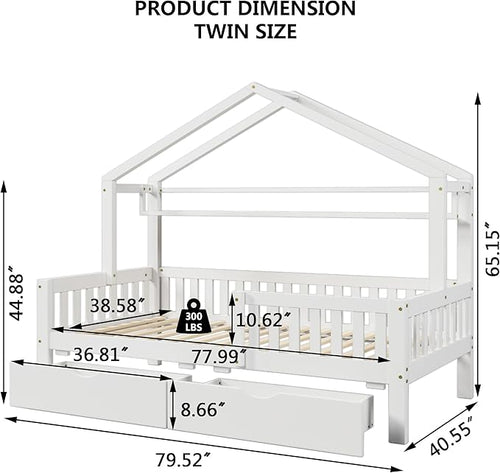 Aoowow Twin Size House Bed with Storage Drawers and Shelf,Kids Wooden Bed Frame Twin Platform Bed with Slats and Fence for Boys Girls Teens for Bedroom(White)