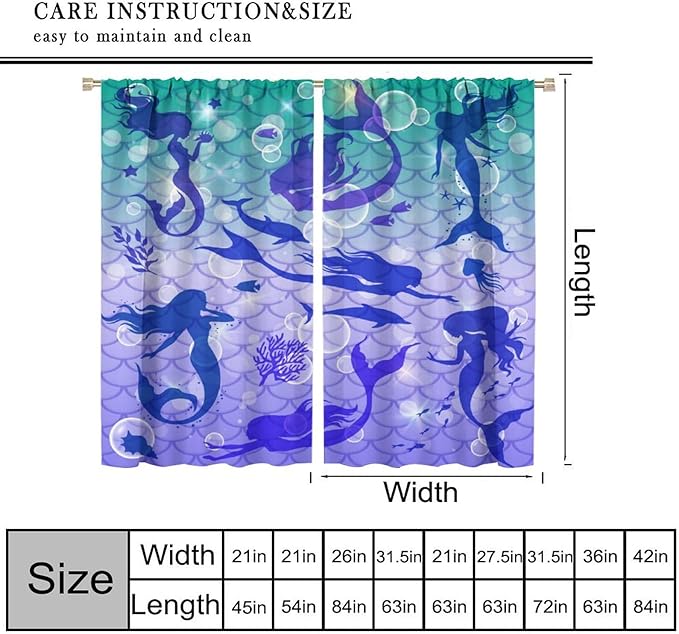 Mermaid Kids Girls Curtains Fantasy Mermaid Silhouette Ocean Theme Beautiful Blackout Window Treatment for Girls Bedroom Nursery Room Decor Rod Pocket Window Drapes 42" W X 54" L