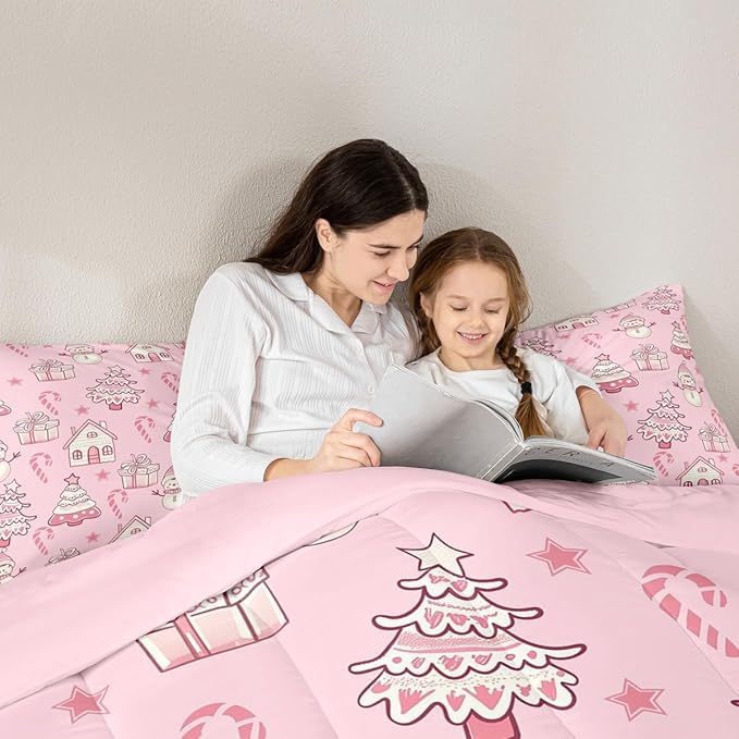Feelyou Pink Christmas Comforter Set Queen Size Xmas Tree Snowman Bedding Set for Kids Boys Girls Star Gift Duvet Quilt Candy Cane Bedroom Decor Microfiber 3 Pcs with 2 Pillow Cases