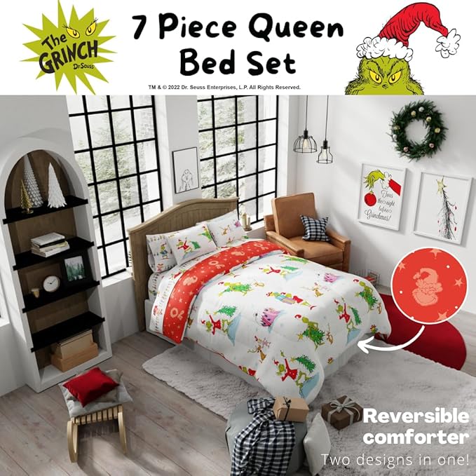 Grinch by Dr. Seuss Holiday & Christmas Bedding Super Soft Comforter and Sheet Set with Sham, 7 Piece Queen Size (Official Dr. Seuss Product) by Franco