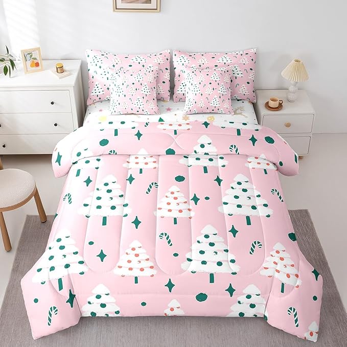 Feelyou Christmas Girly Comforter Set with Sheets Kids Christmas Tree Bedding Set Boys Girls Snowflake Candy Decor Bed in a Bag Xmas Theme Pink Bed Set Bedroom King Size