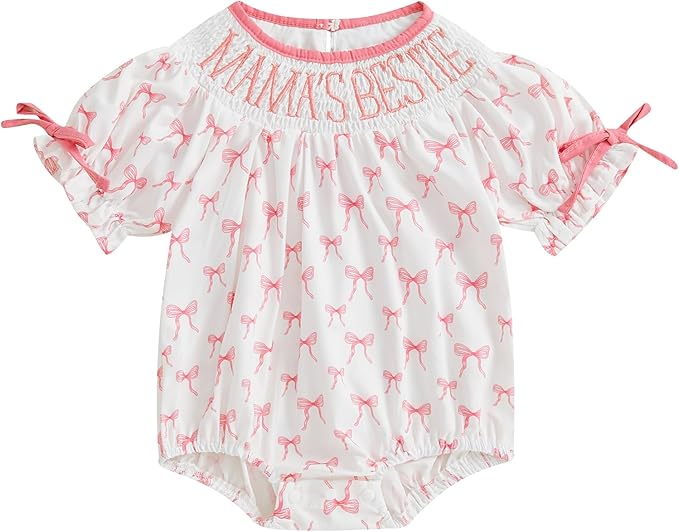 Newborn Baby Girl Romper Mamas Mini Bow Plaid Print Puff Sleeve Smocked Bubble Romper Jumpsuit Bodysuit Clothes