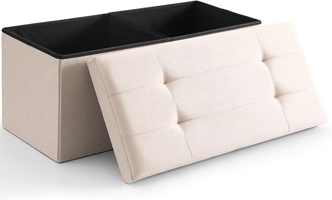Cuyoca Foldable Seat Footrest Shoe Bench End of Bed Storage with Flipping Lid, 75L Storage Space, 30 inches Linen Fabric Beige