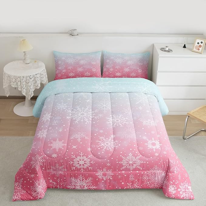 Feelyou Christmas Comforter Set Queen Size Winter Snowflake Bedding Set for Kids Boys Girls Blue Pink Gradient Duvet Quilt Bedroom Decor Microfiber 3 Pcs with 2 Pillow Cases