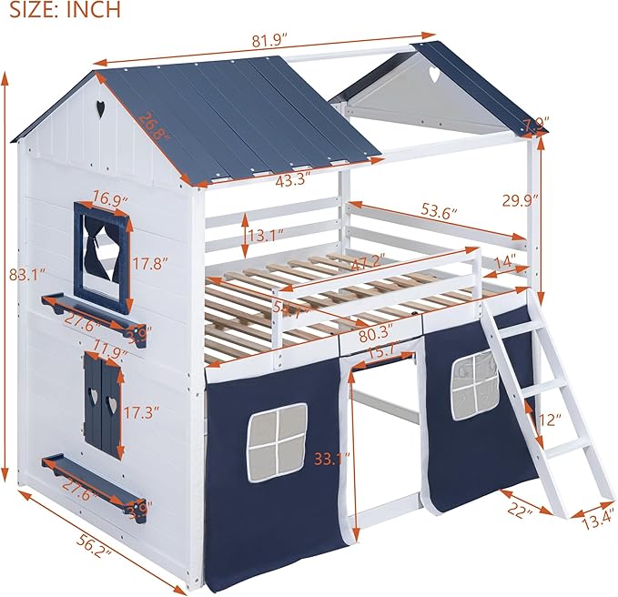 MERITLINE Full Over Full Princess Castle Bunk Bed with Tent,Ladders and Guardrail, Solid Wood Playhouse House Floor Bunk Bed with Windows and Roof (Full,Blue & White)