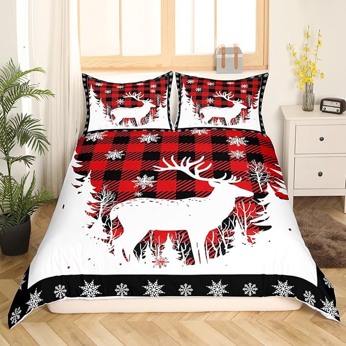 Manfei Christmas Duvet Cover Set Twin Size, Xmas Deer Tree Snowflake Print Bedding Set 2pcs for Kids Boys Girls Bedroom Decor, Black Red Plaid Print Comforter Cover with 1 Pillowcase,No Comforter