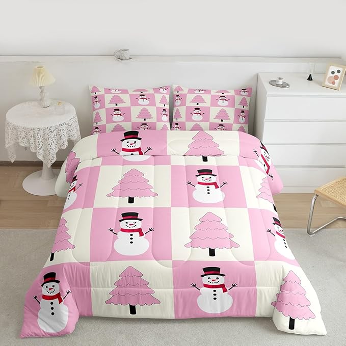 Feelyou Pink Christmas Kids Comforter Set Queen Size Snowman Bedding Set Xmas Tree Duvet Quilt for Kids Boys Girls Bedroom Decor Microfiber Ultra Soft Breathable