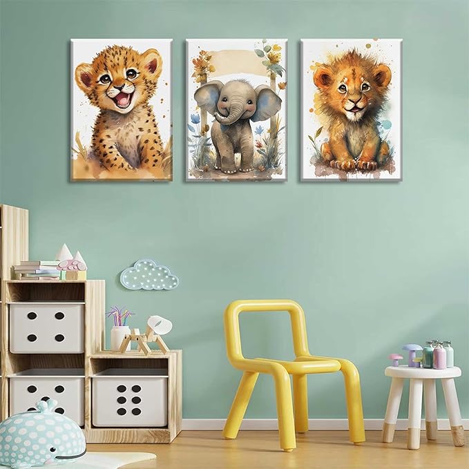 HKMXCD 3Pcs Baby Safari Animal Canvas Wall Art Jungle Watercolor Animal Wall Decor Picture Lovely Painting Artwork Kids Room Prints for Boy Girl Room Home decoration 16x24in