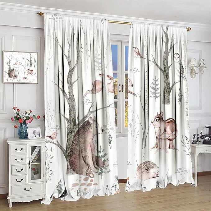 Watercolor Woodland Animal Curtains, Wildlife Bear Farmhouse Lodge Cabin Squirrel Owl Hedgehog Fox Blackout Rod Pocket Windows Door Curtain for Bedroom Living Room Home Decor 42x63in