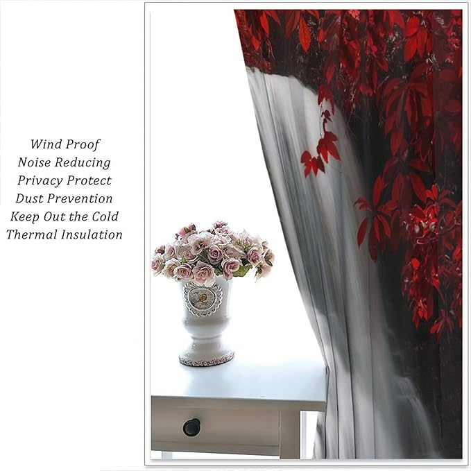 Red Forest Waterfall Blackout Windows Curtains, Waterfall Red Forest Black and Red Natural Landscape Print Window, for Living Room Bedroom 63x63in 2 Panels