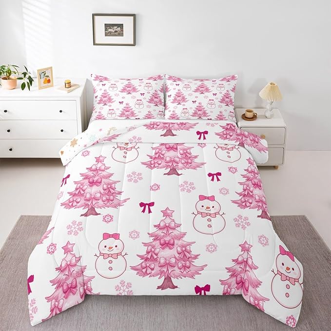 Feelyou Merry Christmas Kids Comforter Set Queen Size Cute Snowman Bedding Set Cartoon Bowknot Duvet Quilt for Kids Boys Girls Bedroom Christmas Tree Decor Microfiber Ultra Soft Breathable