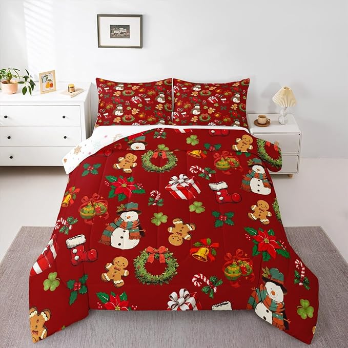 jejeloiu Merry Christmas Comforter Set King Size Cute Snowman Bedding Set for Kids Boys Girls Gingerbread Man Duvet Quilt Red Bedroom Decor