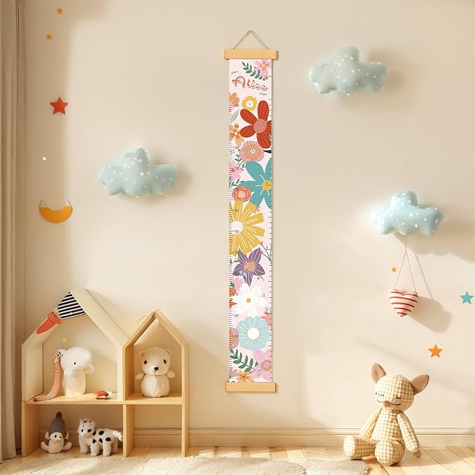 Personalized Name Growth Chart for Wall, Painted Flowers Canvas Height Chart for Kids Baby Child Toddler, Canvas Growth Chart for Wall Nursery Decor, Hangable & Waterproof