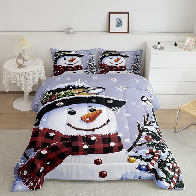 Feelyou Kids Christmas Theme Decorations Bedding Set Xmas Snowman Comforter Set for Boys Girls Merry Christmas Comforter Funny Cute Decor Quilt Set Bedroom Collection 3Pcs King Size