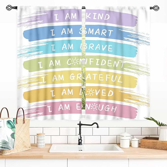 Rainbow Curtains for Classroom, Kids Girls Baby Boho Cute Inspirational Motivational Quotes Cartoon Colorful Pastel Nursery Classroom Bedroom Living Room Bathroom Window Drapes 2 Panels, 55x39 Inch