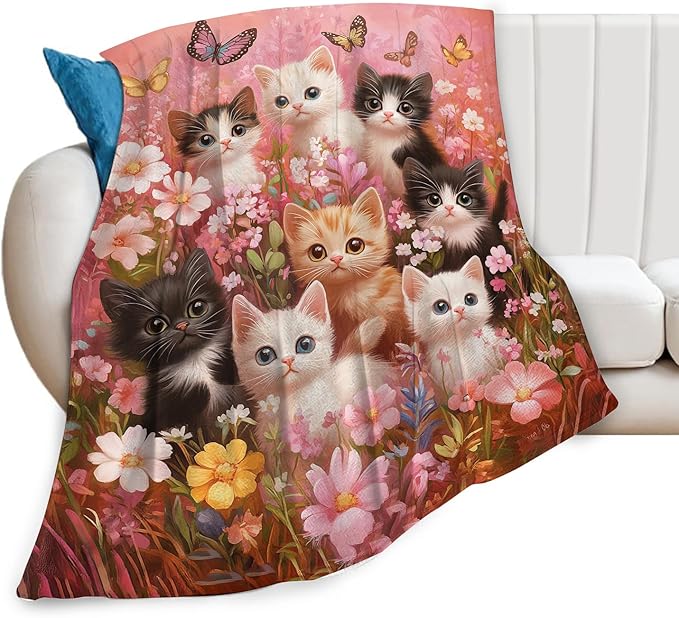Pink Cat Blanket Funny Cats Throws Pet Animal Print Plush Fuzzy Fleece Blankets Gifts for Girls Boys Super Soft Warm Cozy Butterfly Flower Stuffed for Kids Men Women Bed Sofa Bedding 80"x60"