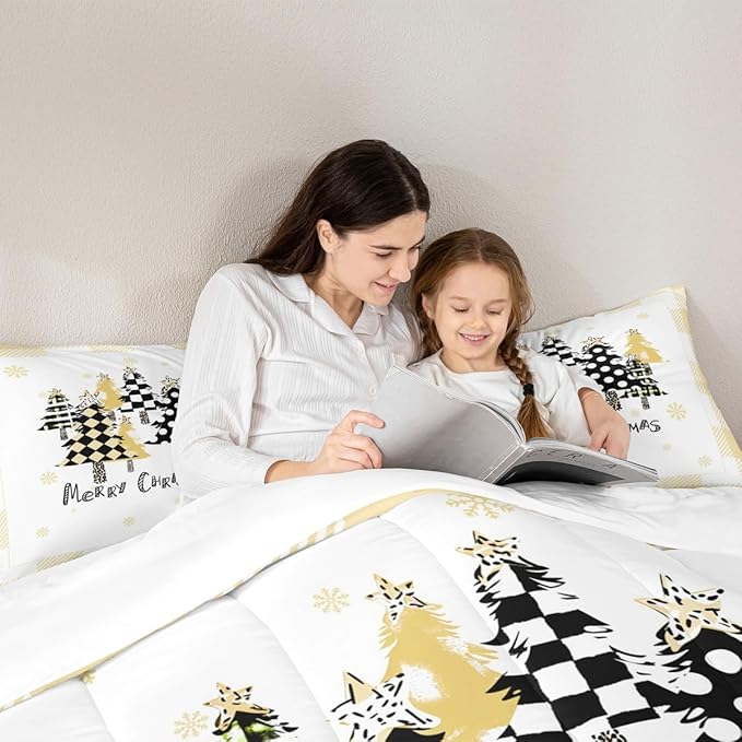 Manfei Xmas Tree Comforter Set King Size, Yellow Plaid Grid Snowflake Down Comforter with 2 Pillowcases, Christmas Theme Bedding Set 3pcs for Kids Girls Adults Room Decor New Year Duvet Insert