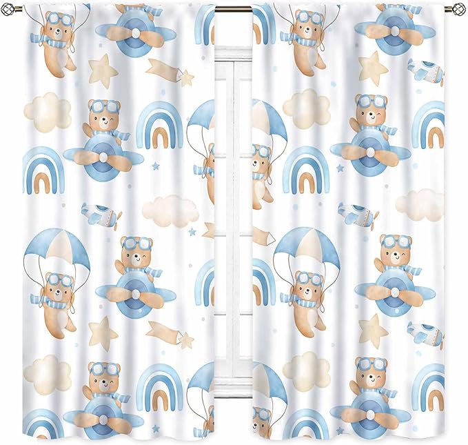 Cartoon Bear Curtains, Kids Boys Girls Cute Lovely Bear Adventure Airplane Cloud Pastel Blue Window Drapery Treatments for Baby Living Room Bedroom Nursey Toddler Classroom 2 Panels, 52"x84" Inch