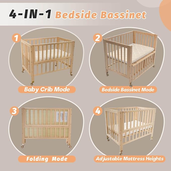 Folding Wood Bedside Bassinet - Portable 4-in-1 Baby Bassinet with Breathable Mattress,3 Heights Baby Crib with Wheels,Mini Crib for Infant Newborn and Small Space,Unpainted
