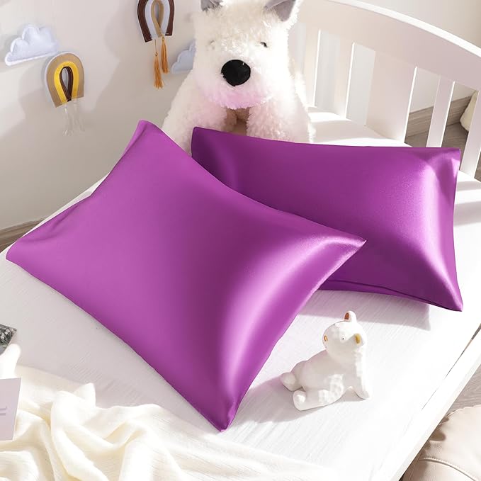 NTBAY Silk Satin Toddler Pillowcases, Small Pillow Case Pillow Cover 14x20 Inches with Envelope Closure, Soft and Silky Cooling Travel Pillow Covers for Nursery, Kids, Boys and Girls, Purple, 2 Pack