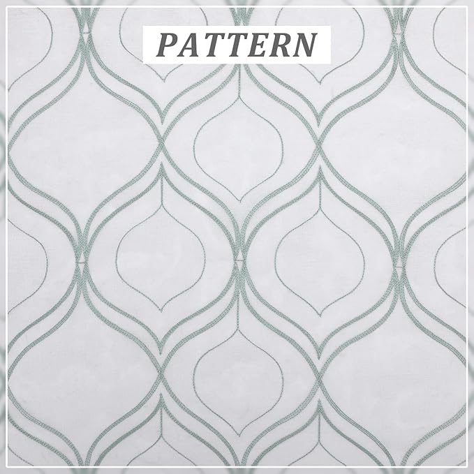 VISIONTEX White Sheer Curtains 84 Inches Long 2 Panels Set Green Moroccan Embroidered Curtains Trellis French Textured Rod Pocket Voile Tulle Semi Window Drapes for Bedroom Living Room 54 x 84 Inches