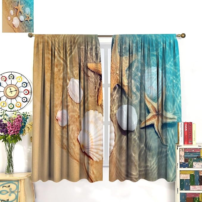 Beach Curtain for Bathroom Decor，Sea Turtle Starfish Seashell Nautical Ocean Coastal Scenery Art Printed Fabric Polyester Waterproof Set 2 Panels,63x72 Inches
