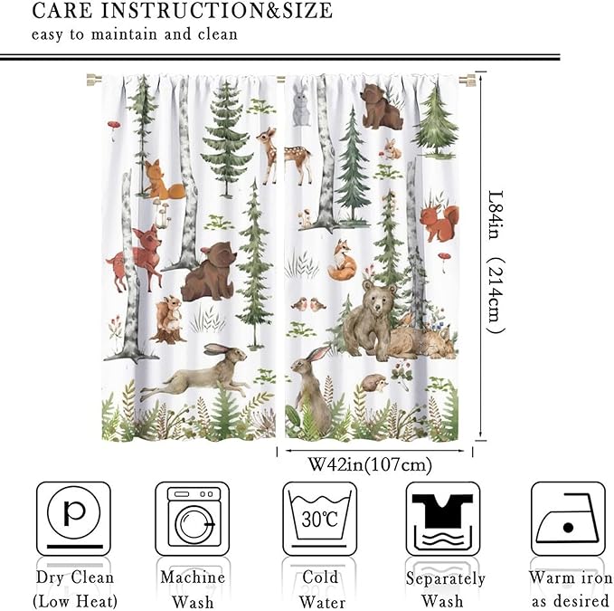 Animal Kids Curtains, Woodland Squirrel Rabbit Bear Animal Friends Forest Curtains for Boys and Girls Bedroom Living Room Kitchen 84x84in