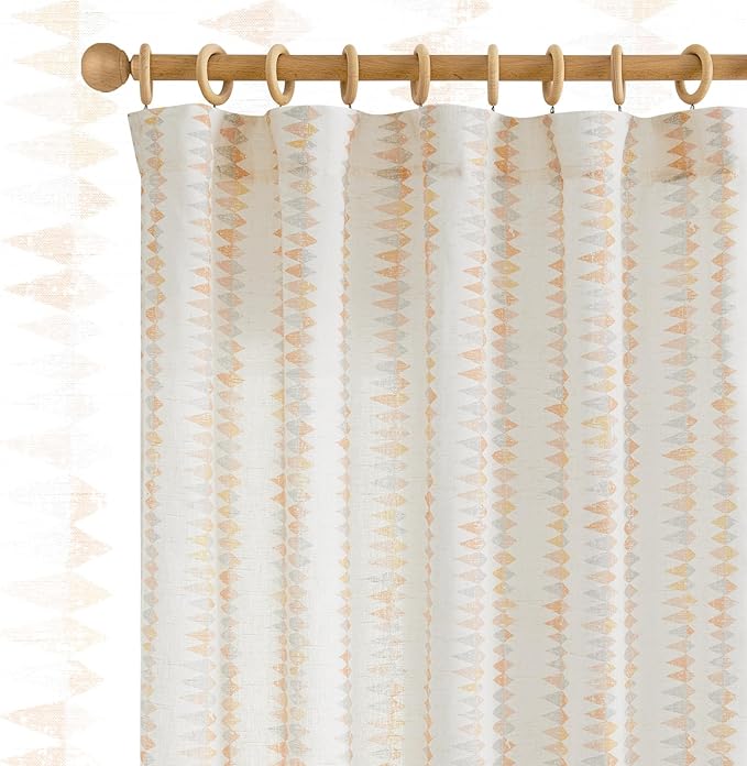 jinchan Linen Nursery Curtains for Living Room Boho Curtains for Bedroom Kids Room 84 Inches Long Pink Geometric Printed Farmhouse Drapes Rod Pocket Window Treatment Curtain Set of 2 Panels Peachy