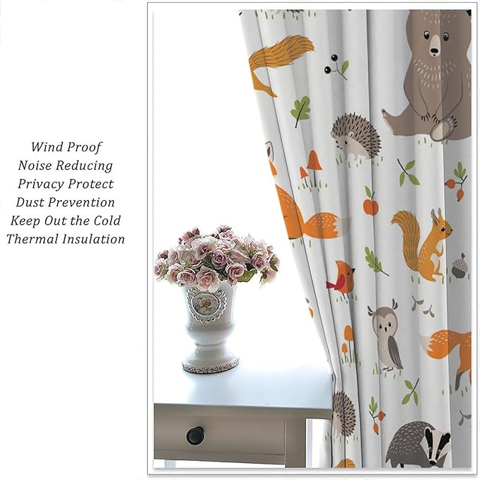 Forest Animal Curtains for Kids, Cartoon Safari Woodland Animals Window Treatments Cute Wild Jungle Bear Fox Deer Bear Window Drapes for Girls Boys Nursery Toddler Bedroom 84x84in
