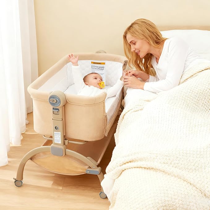 Bedside Bassinet Baby Bassinet for Baby, 3 in 1 Bedside Sleeper with Baby Co-Sleeper Travel Crib with Detachable Mosquito Net & Storage Basket | Adjustable Height, Wheels Included (Khaki)
